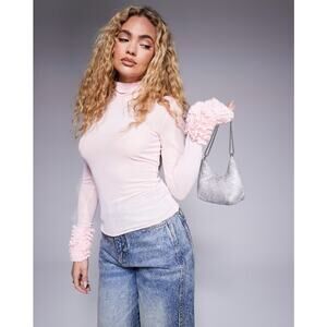 New Afrm Helena Mesh Top With Ruffle Sleeve Detail in Baby Pink Size XS